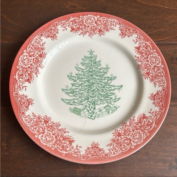 Other - Royal Stafford Green Christmas Tree DINNER Plates with Red Border New Set of 2